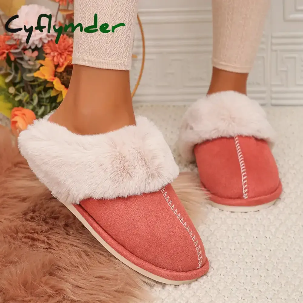 Cyflymder Closed Toe Warm Cotton Slippers Women Faux Fur Thicken Plush Winter Home Shoes Woman Lightweight Casual Indoor Slides Female Ballet Flat Slippers