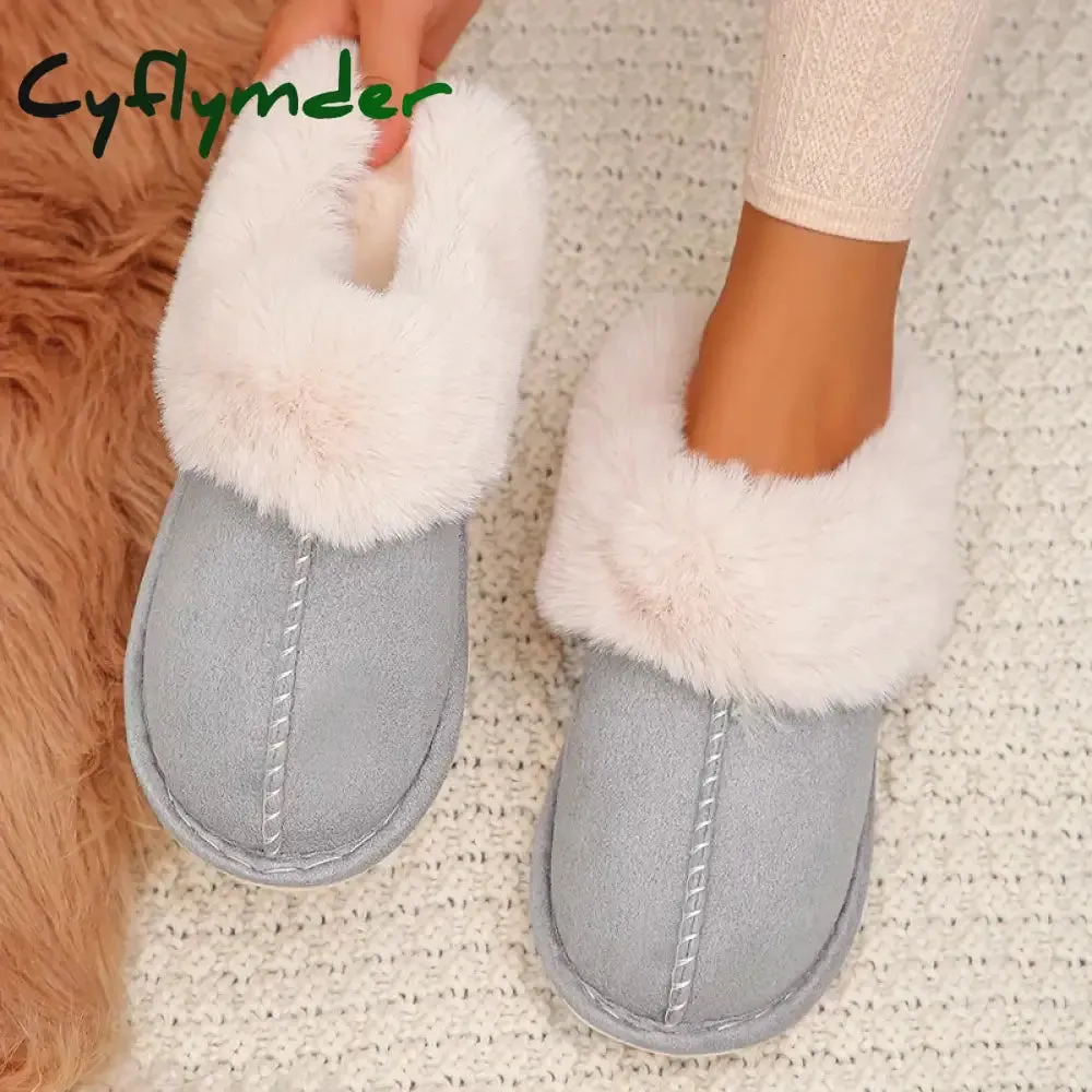 Cyflymder Closed Toe Warm Cotton Slippers Women Faux Fur Thicken Plush Winter Home Shoes Woman Lightweight Casual Indoor Slides Female Wash Slippers In Washing Machine