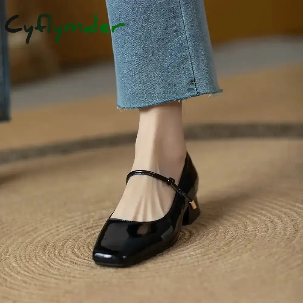 Cyflymder Elegant High Heels French Dress Party Shoes for Woman Platform Patent Leather Mary Jane Burgundy Black Square Toe Mid-heel Pumps Birk Loafers