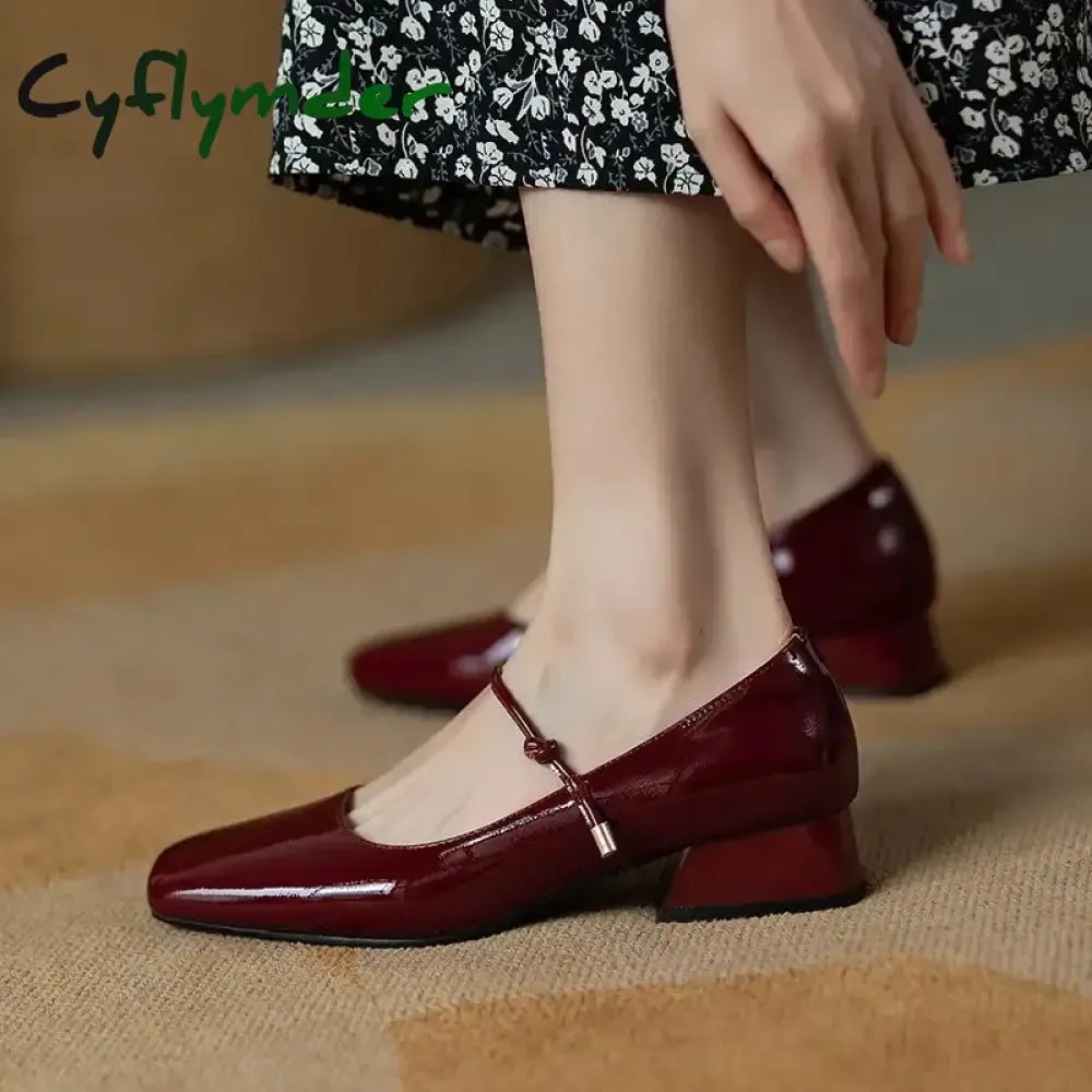 Cyflymder Elegant High Heels French Dress Party Shoes for Woman Platform Patent Leather Mary Jane Burgundy Black Square Toe Mid-heel Pumps Best Lug Sole Loafers