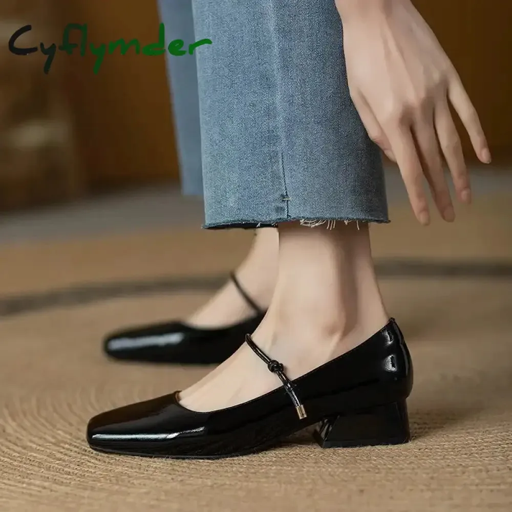 Cyflymder Elegant High Heels French Dress Party Shoes for Woman Platform Patent Leather Mary Jane Burgundy Black Square Toe Mid-heel Pumps Jeans With Loafers