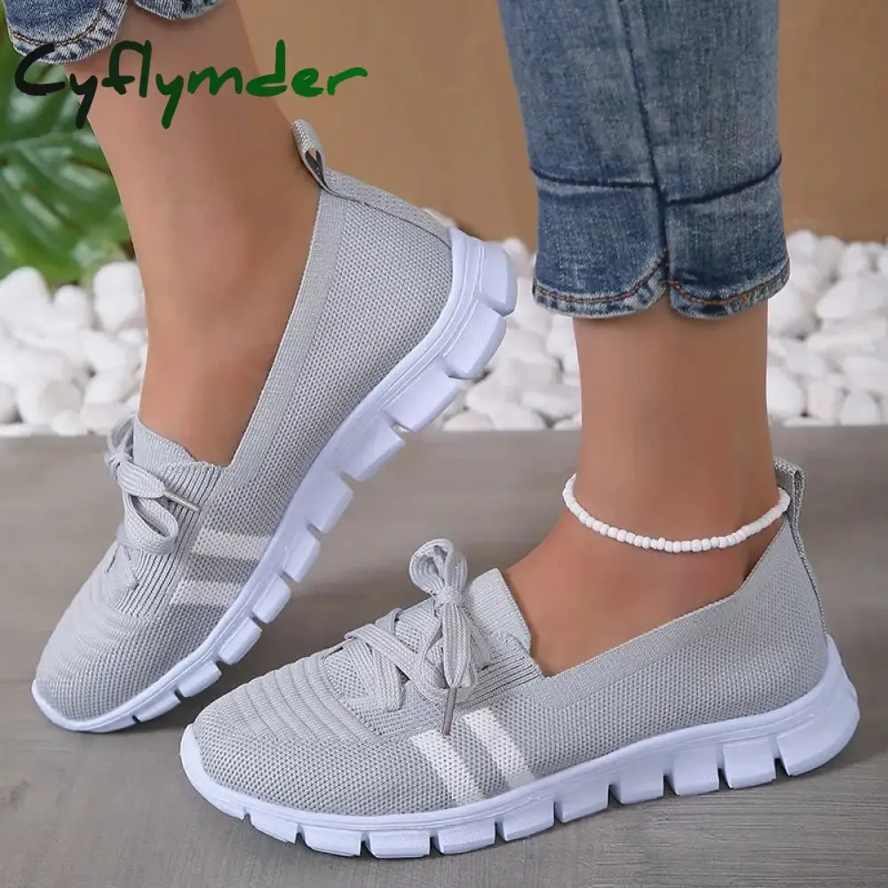 Cyflymder Mesh Knitted Striped Flats Shoes for Women Summer Lace Up Casual Sneakers Woman Breathable Soft Sole Loafers Plus Size 43 Embellished Loafers