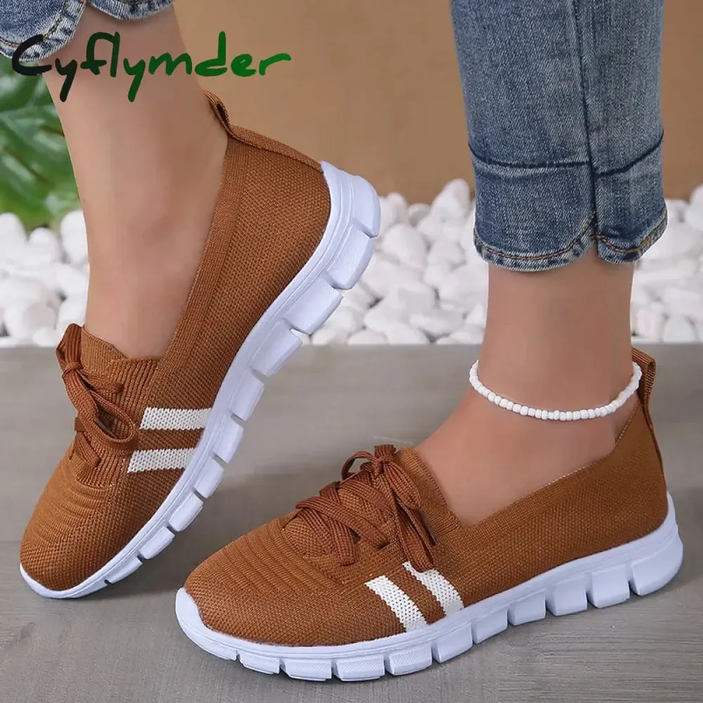Cyflymder Mesh Knitted Striped Flats Shoes for Women Summer Lace Up Casual Sneakers Woman Breathable Soft Sole Loafers Plus Size 43 Mules Vs Loafers