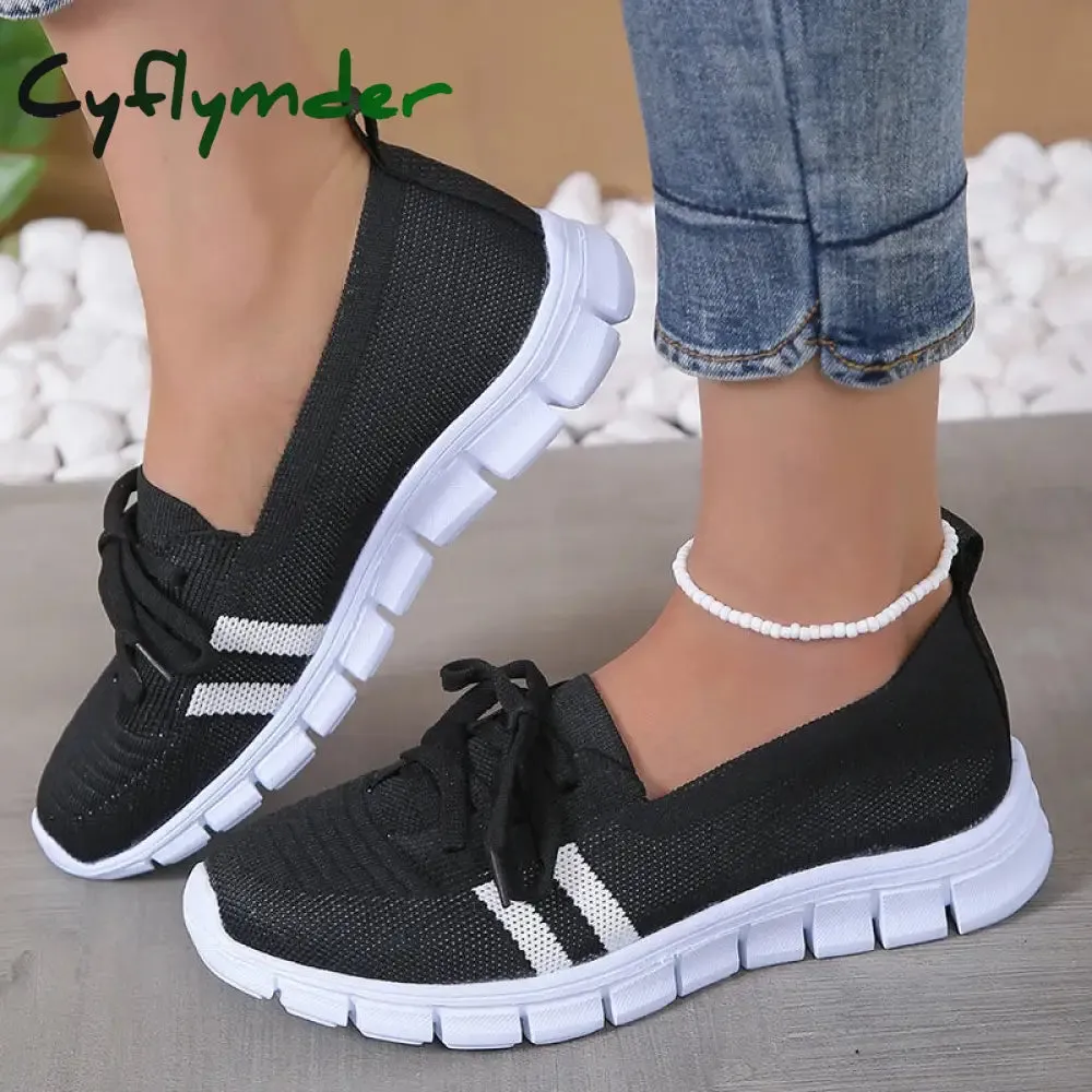 Cyflymder Mesh Knitted Striped Flats Shoes for Women Summer Lace Up Casual Sneakers Woman Breathable Soft Sole Loafers Plus Size 43 Felisha Loafers