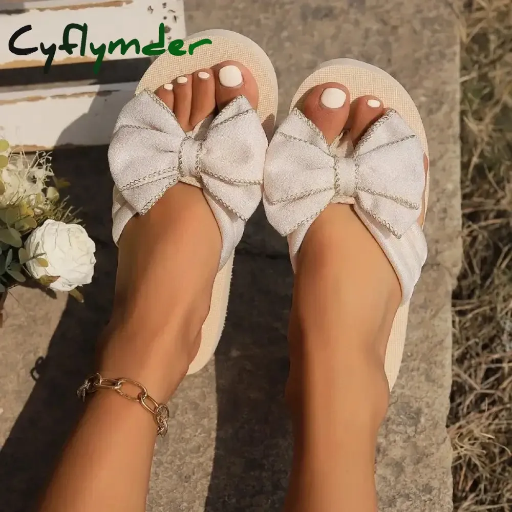 Cyflymder New Summer Slippers Outdoor Beach Flip-flops Cute Flower Bow Decoration Casual Flat Slippers Shoes for Women Slides Clogs Vs Flip Flops