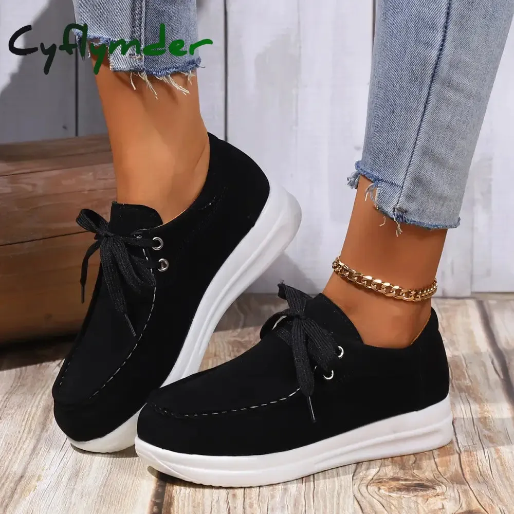 Cyflymder Women's Faux Suede Platform Sneakers Autumn Non-Slip Lace Up Loafers Woman Thick Sole Casual Sneakers Zapatillas De Mujer Genuine Leather Loafers