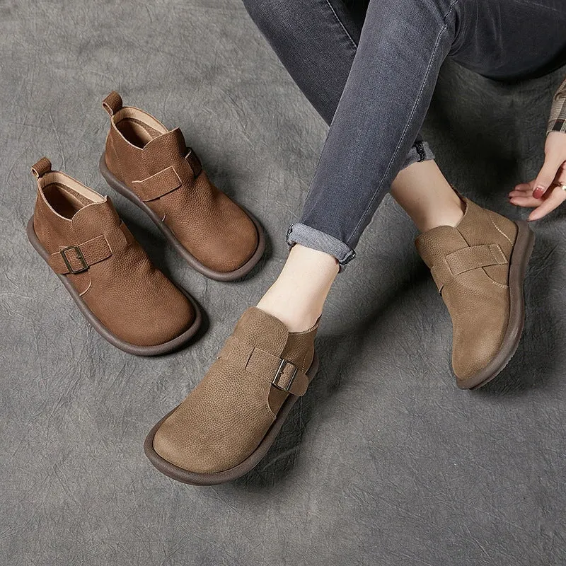 Saddle Oxford Shoes Women's Ankle Boots Leather Barefoot Shoes Casual Buckle Boots Khaki/Coffee