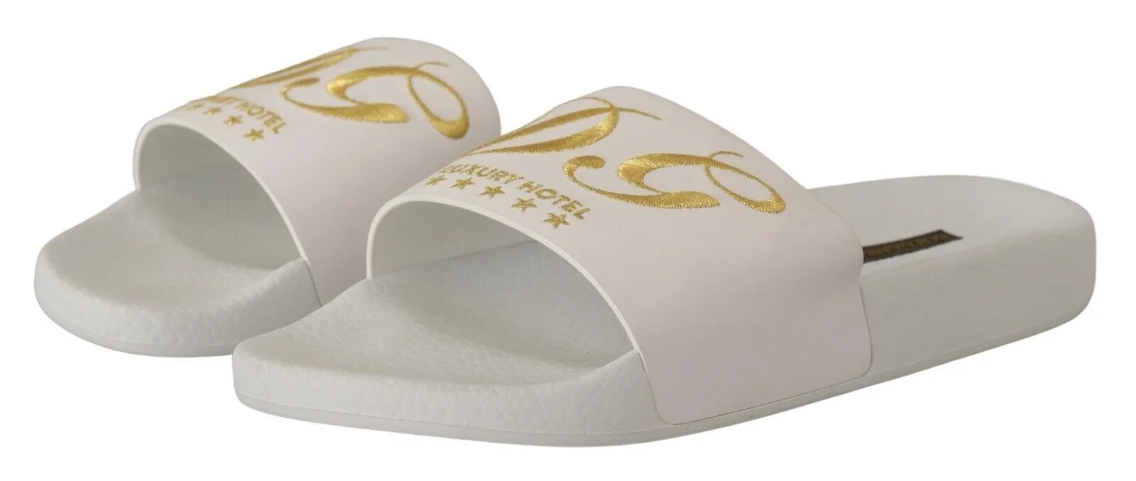 Buffalo Sandals Dolce & Gabbana Chic White Leather Slides with Gold Embroidery