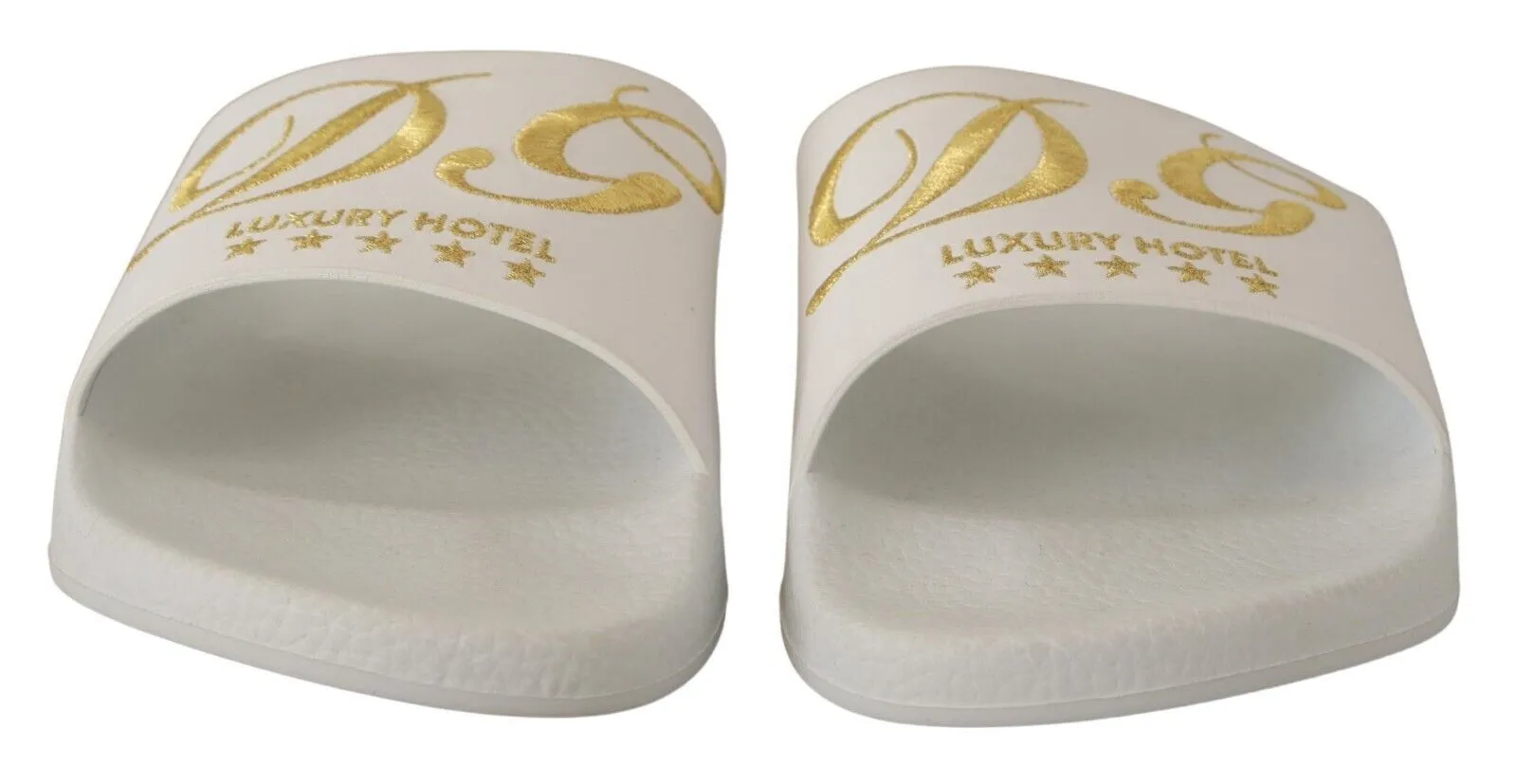 Dolce & Gabbana Chic White Leather Slides with Gold Embroidery Astral Sandals