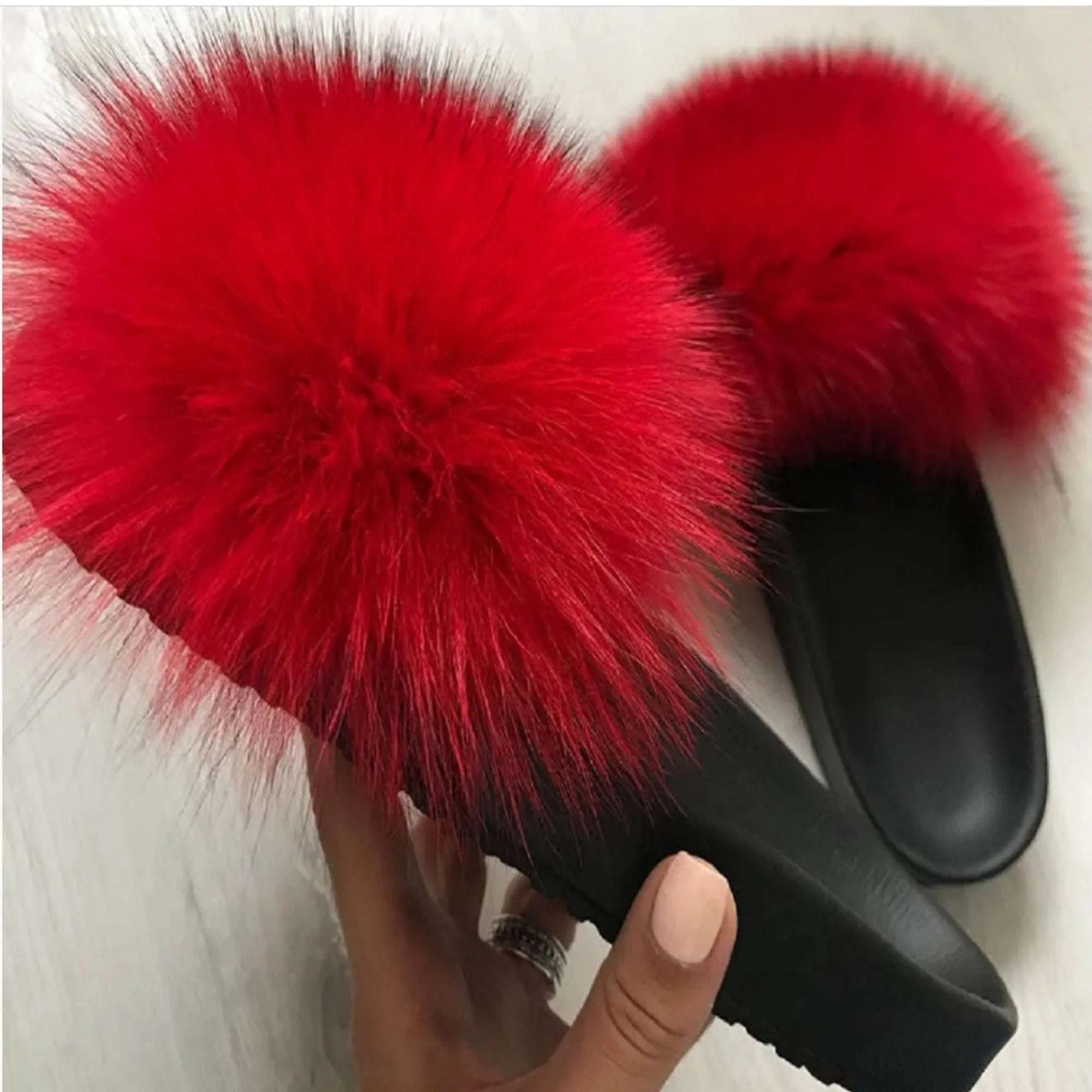 Platform Heels Flip Flops BY ORDER Real Fox Fur Slides Women Girl Genuine Leather Beach Large Finnish Fox Fur Sandals Summer Slippers Fashion Fluffy Shoes Flip Flops