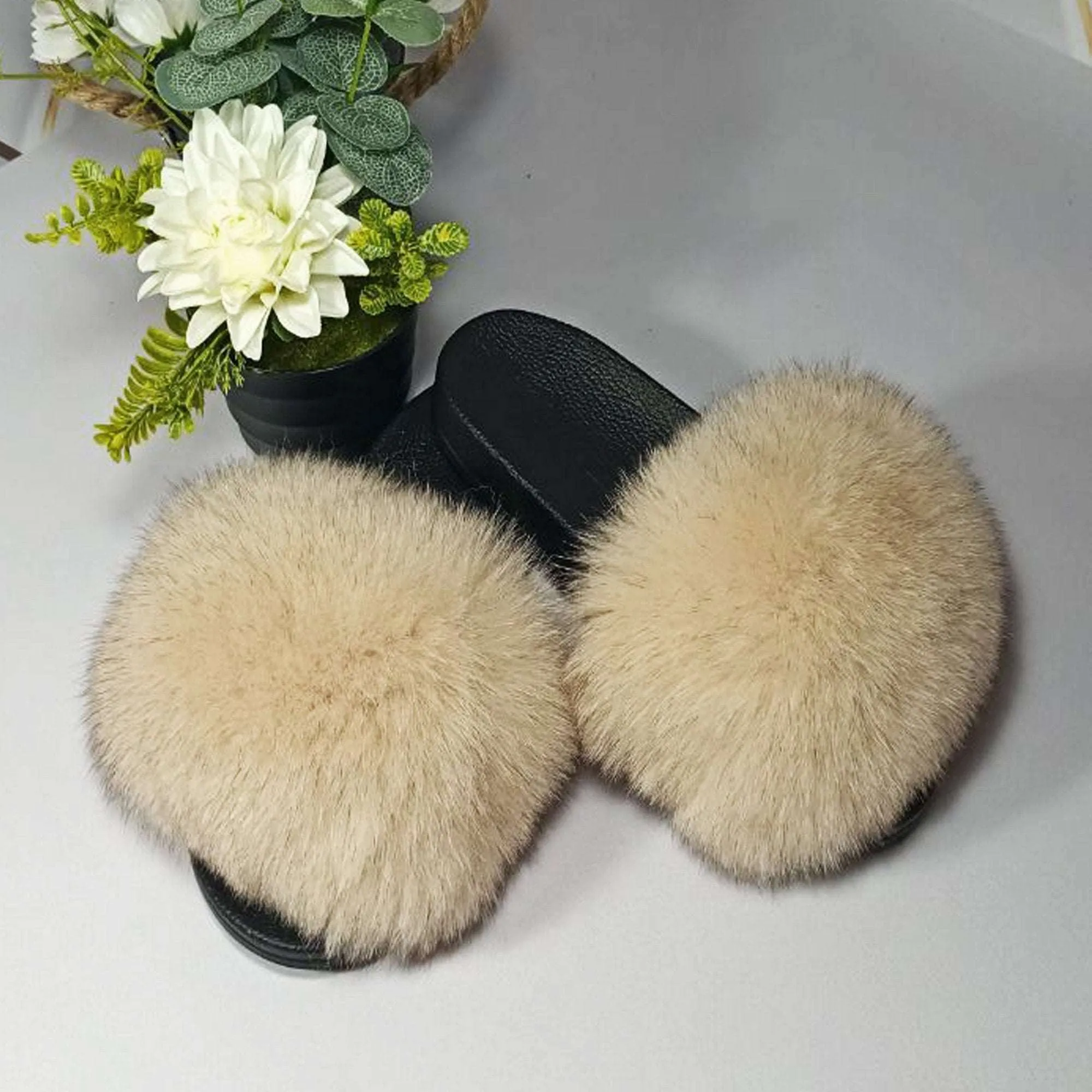BY ORDER Real Fox Fur Slides Women Girl Genuine Leather Beach Large Finnish Fox Fur Sandals Summer Slippers Fashion Fluffy Shoes Flip Flops Flip Flops At Academy Sports