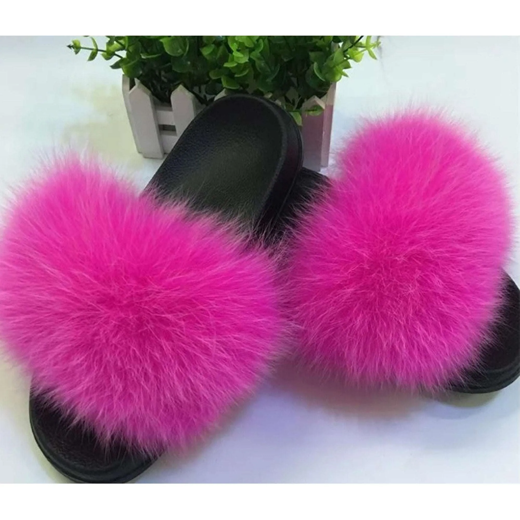 BY ORDER Real Fox Fur Slides Women Girl Genuine Leather Beach Large Finnish Fox Fur Sandals Summer Slippers Fashion Fluffy Shoes Flip Flops Soft Spongy Flip Flops