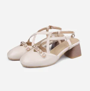 Women's Square Closed Toe Hollow Out Beading Medium Block Heel Sandals Sandals Puerto Rico