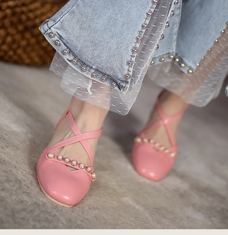 Type Sandals Women's Square Closed Toe Hollow Out Beading Medium Block Heel Sandals