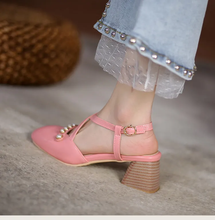Best Comfortable Sandals Women's Square Closed Toe Hollow Out Beading Medium Block Heel Sandals