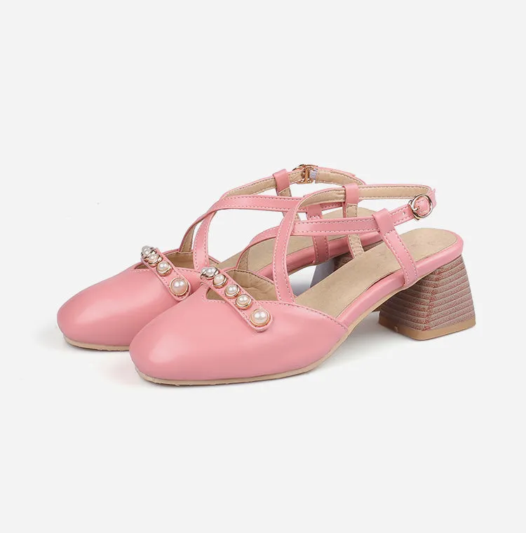 Women's Square Closed Toe Hollow Out Beading Medium Block Heel Sandals Sandals Royal In Jamaica