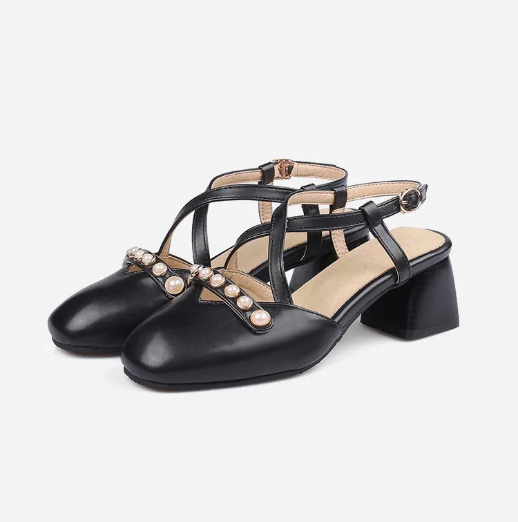 Women's Square Closed Toe Hollow Out Beading Medium Block Heel Sandals Adventure Sandals