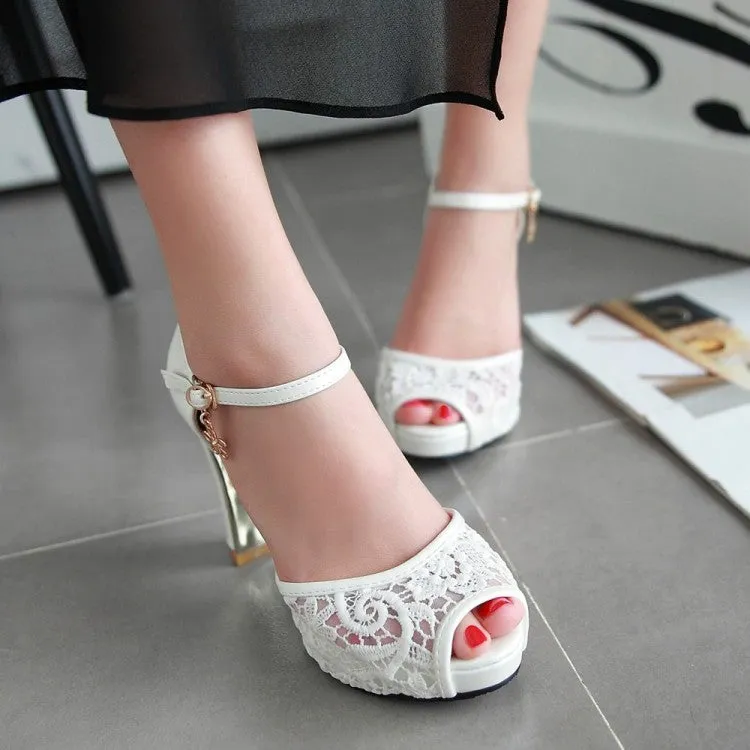Wedding Flats Sandals Women's Lace Ankle Strap Flora Mesh High Heel Platform Sandals