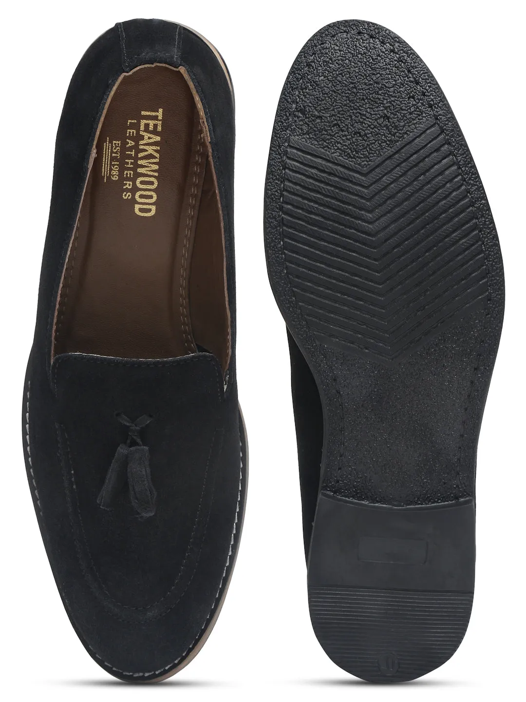 Loafers With Or Without Socks Teakwood Leather Men Solid Black Round-Toe Tasseled Loafers