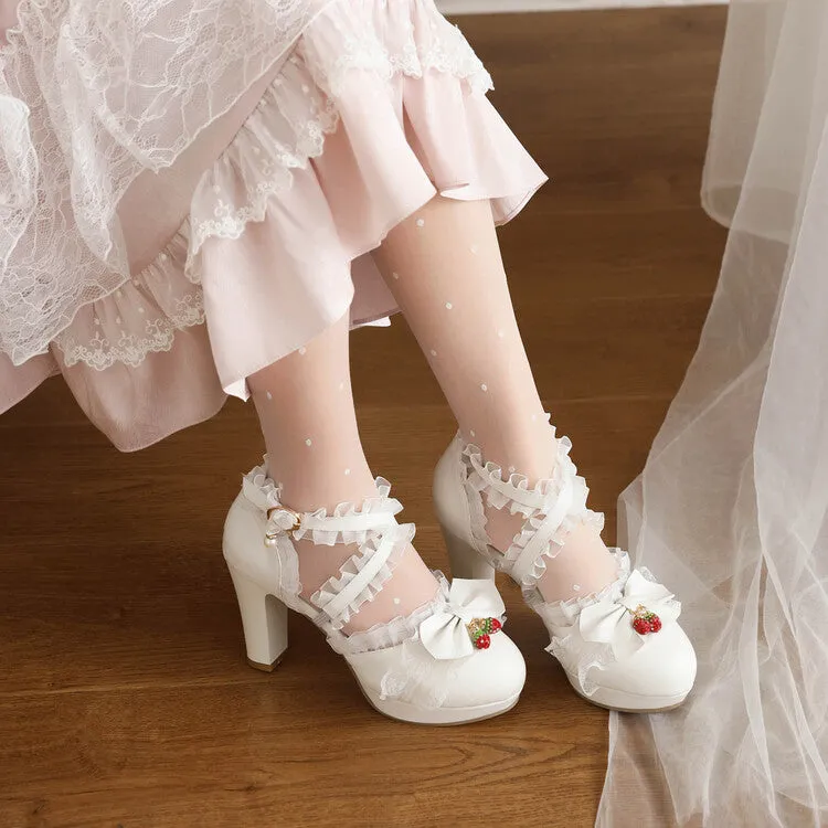 Platform Gladiator Sandals Women's Lolita Lace Strawberry Deco Butterfly Bow Chunky Heel Platform Sandals