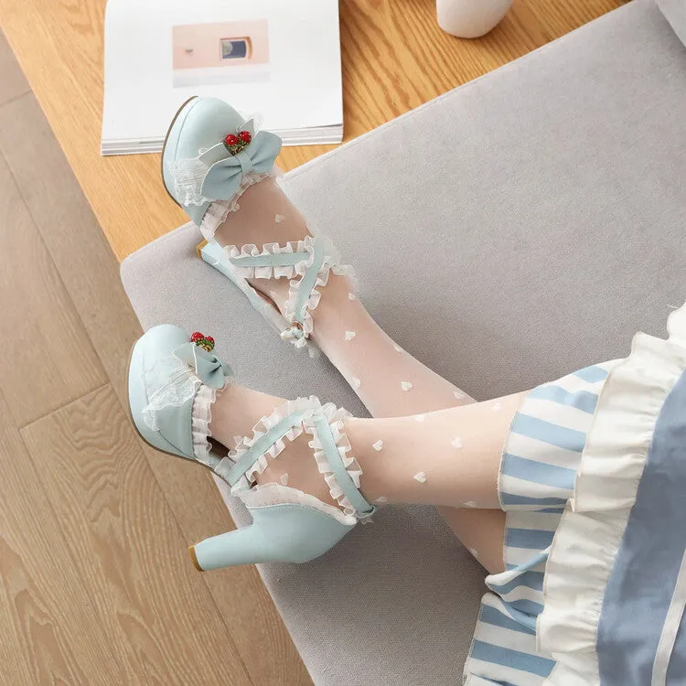 Bridal Sandals Women's Lolita Lace Strawberry Deco Butterfly Bow Chunky Heel Platform Sandals