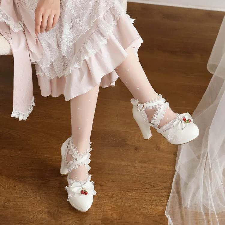 Tie Up Sandals Heels Women's Lolita Lace Strawberry Deco Butterfly Bow Chunky Heel Platform Sandals