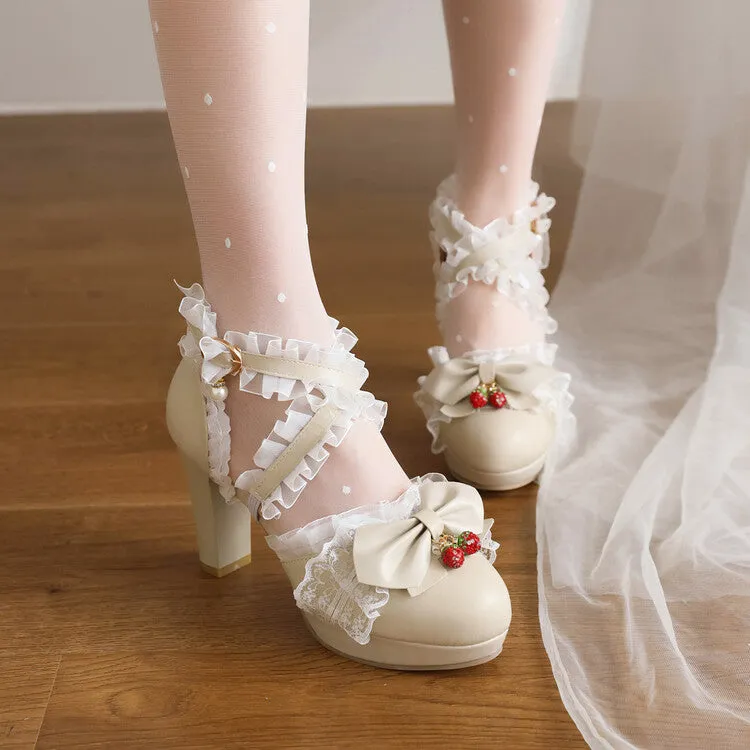 Skechers Slip Ins Sandals Women's Lolita Lace Strawberry Deco Butterfly Bow Chunky Heel Platform Sandals