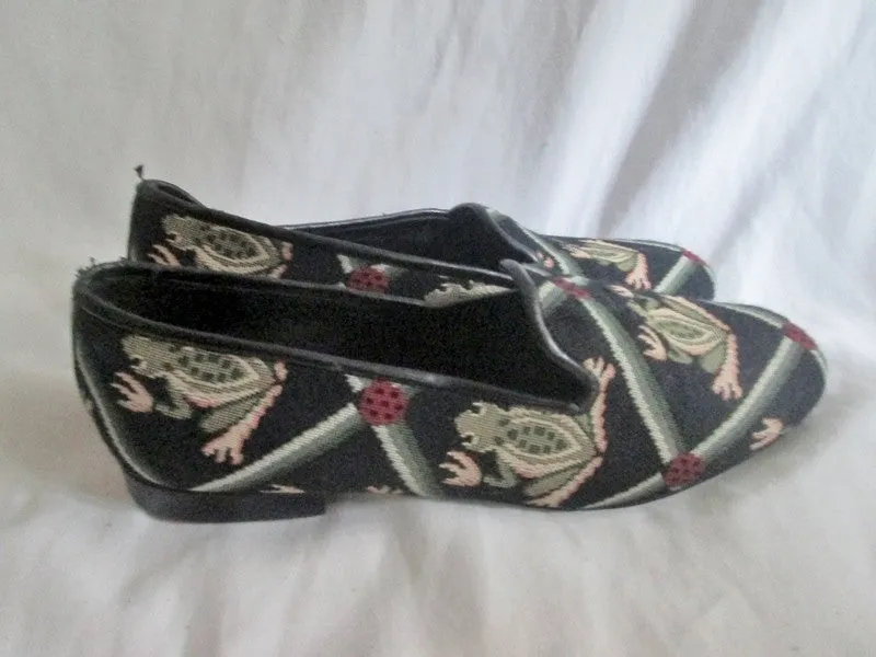 House Shoe Loafers Womens CAROLE LITTLE ANTHROPOLOGIE Slip On FROG Tapestry Moc SHOE 7 BLACK