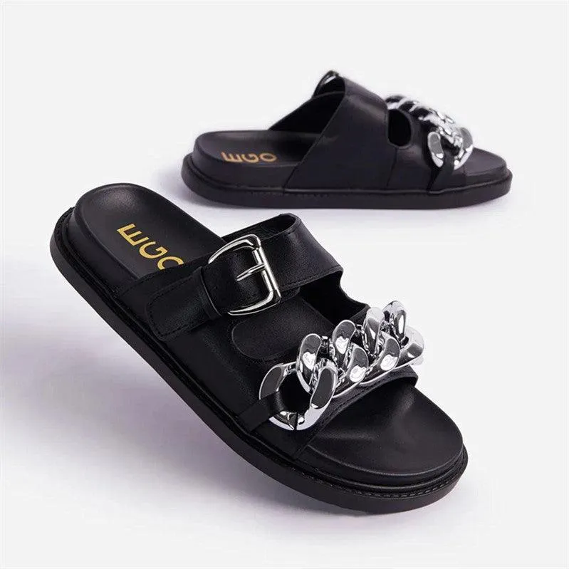 Leather Wool Slippers EGO Chain Designed Comfy Ladies Slipper - Black