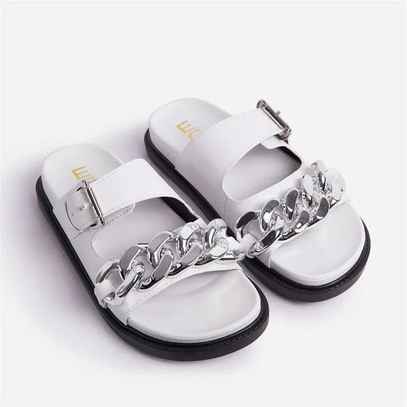 EGO Chain Designed Comfy Ladies Slipper - White Desinger Slides