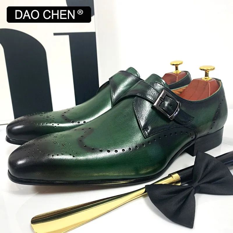 MONK STRAP SHOES BLACK GREEN WINGTIP GENUINE LEATHER MENS DRESS SHOES Loafers Gommino