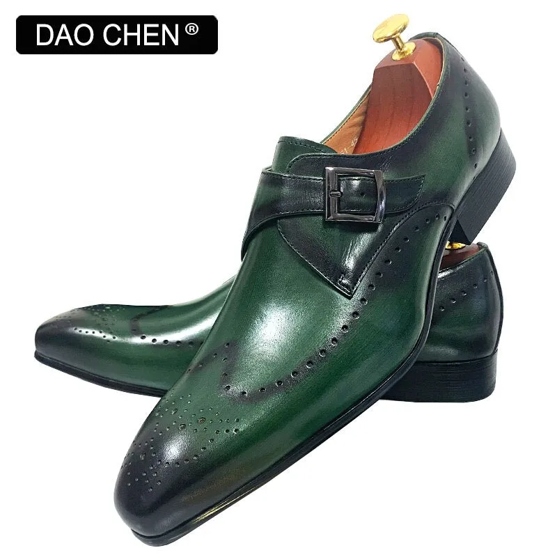 MONK STRAP SHOES BLACK GREEN WINGTIP GENUINE LEATHER MENS DRESS SHOES Haruta Penny Loafers