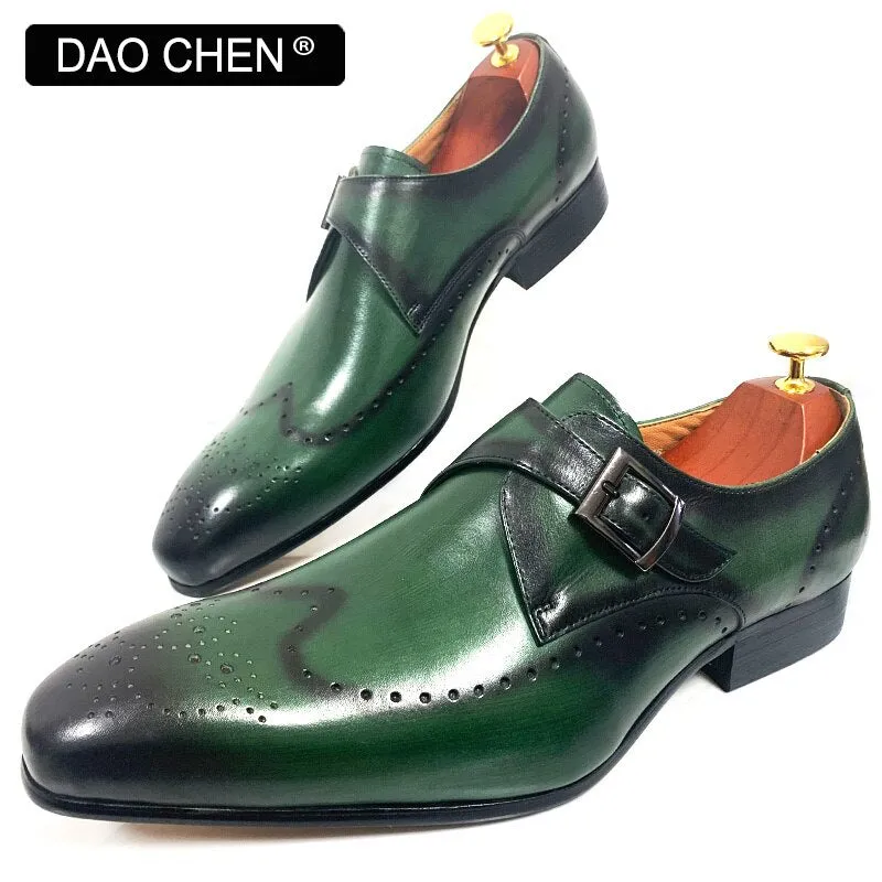 Light The Way Leather Loafers MONK STRAP SHOES BLACK GREEN WINGTIP GENUINE LEATHER MENS DRESS SHOES