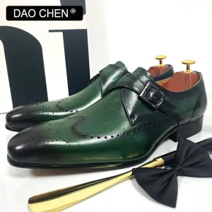 MONK STRAP SHOES BLACK GREEN WINGTIP GENUINE LEATHER MENS DRESS SHOES Le Loafers