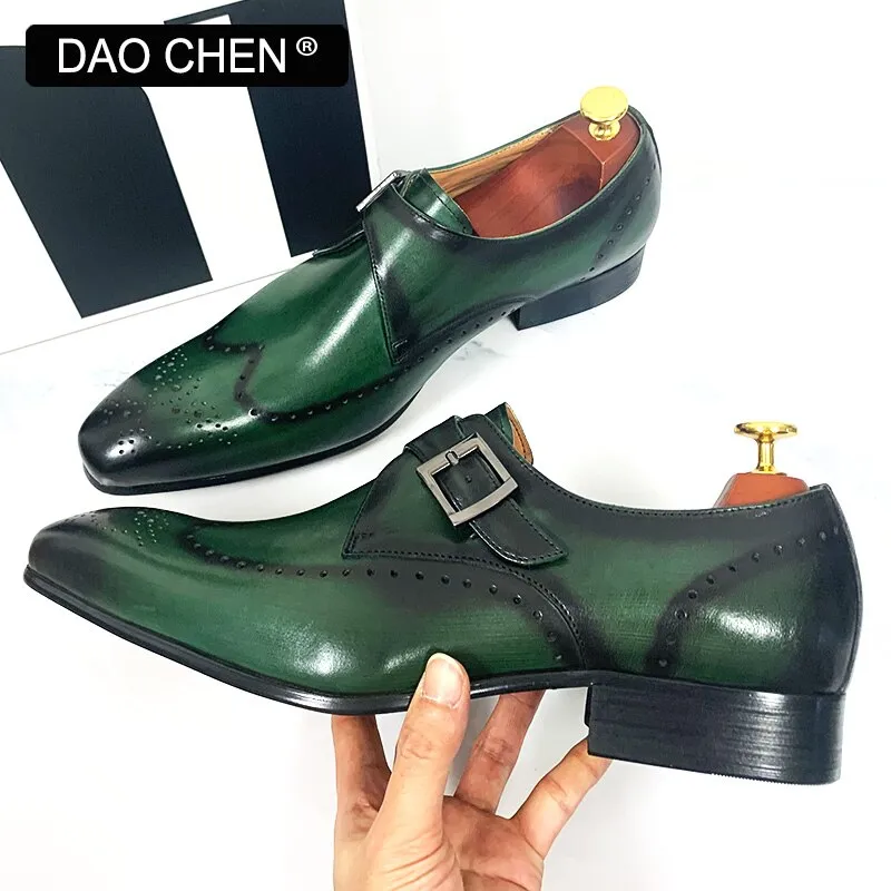 Abeo Loafers MONK STRAP SHOES BLACK GREEN WINGTIP GENUINE LEATHER MENS DRESS SHOES