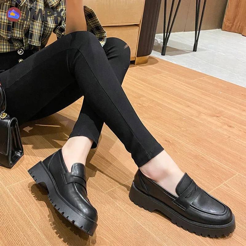 Loafers Skechers JMPX 2022 Brand Women Real Leather Shoes Fashion Autumn White High Platform Thick Heel Shoes Big Size 42 Woman Office Lady Pumps