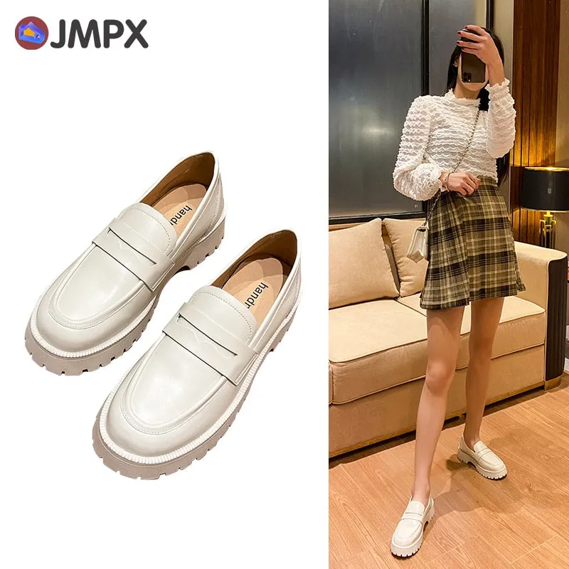 JMPX 2022 Brand Women Real Leather Shoes Fashion Autumn White High Platform Thick Heel Shoes Big Size 42 Woman Office Lady Pumps Wide Toe Loafers