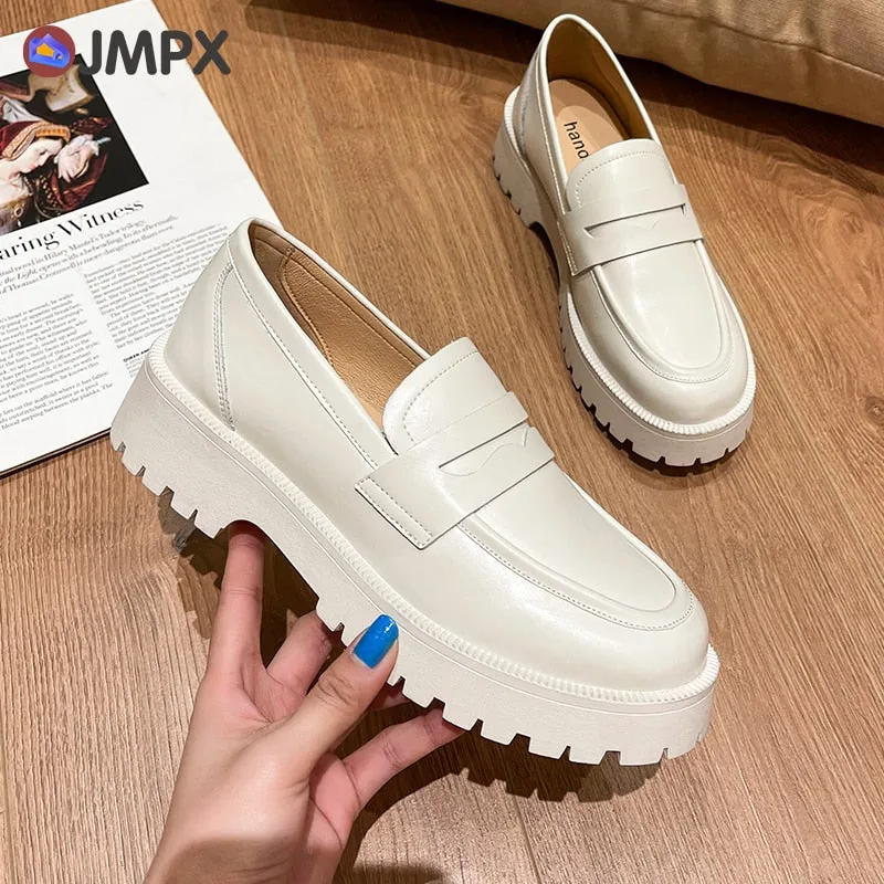 Double G Loafers JMPX 2022 Brand Women Real Leather Shoes Fashion Autumn White High Platform Thick Heel Shoes Big Size 42 Woman Office Lady Pumps