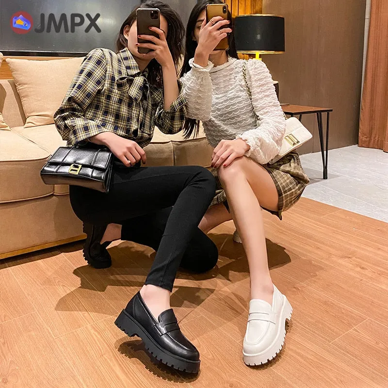 JMPX 2022 Brand Women Real Leather Shoes Fashion Autumn White High Platform Thick Heel Shoes Big Size 42 Woman Office Lady Pumps Work Outfits With Loafers
