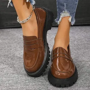 Slip On Leather Loafers Women's Patent Leather Tassel Mid-Heel Vintage Loafers 14733205C