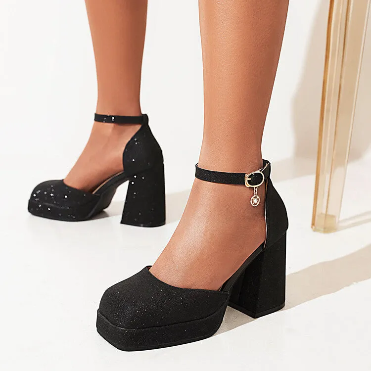 Sandals For Achilles Tendonitis Women's Sparkling Square Toe Ankle Strap Metal Buckle Block Heel Sandals