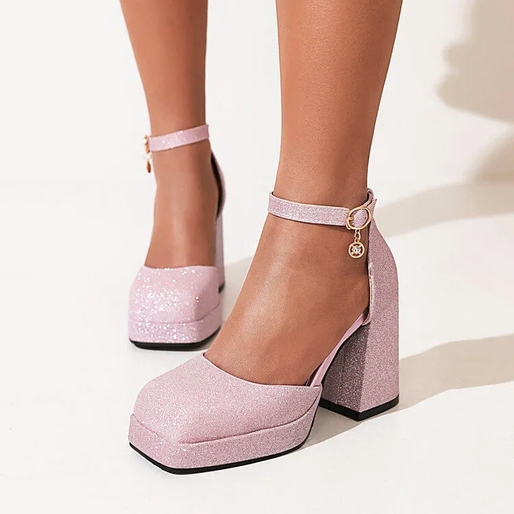 Sandals Gift Card Women's Sparkling Square Toe Ankle Strap Metal Buckle Block Heel Sandals