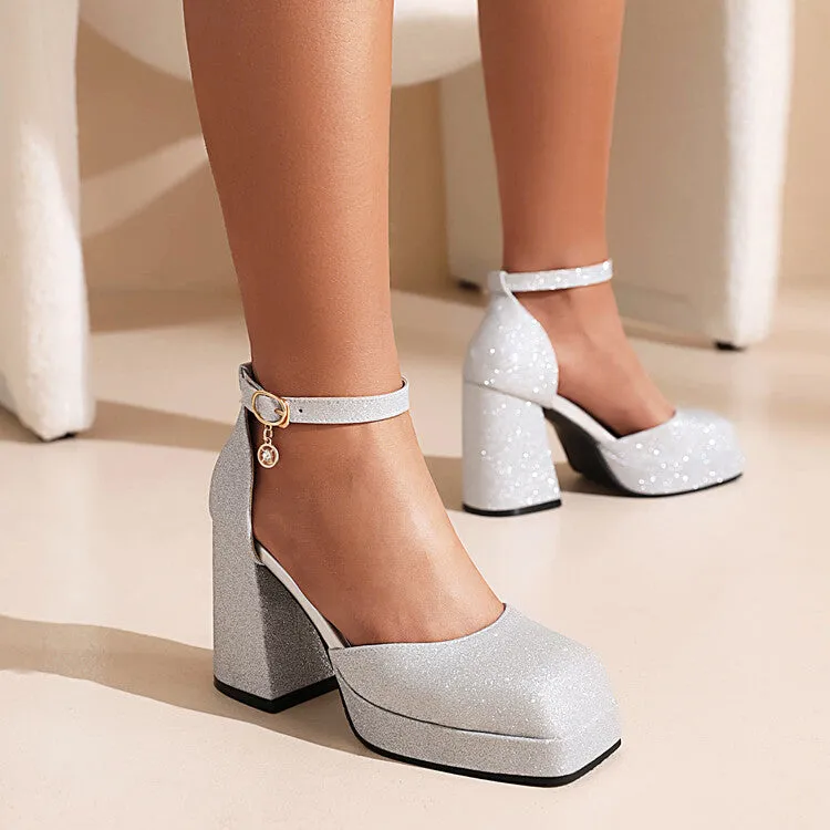 Women's Sparkling Square Toe Ankle Strap Metal Buckle Block Heel Sandals Sandals Trip Insurance