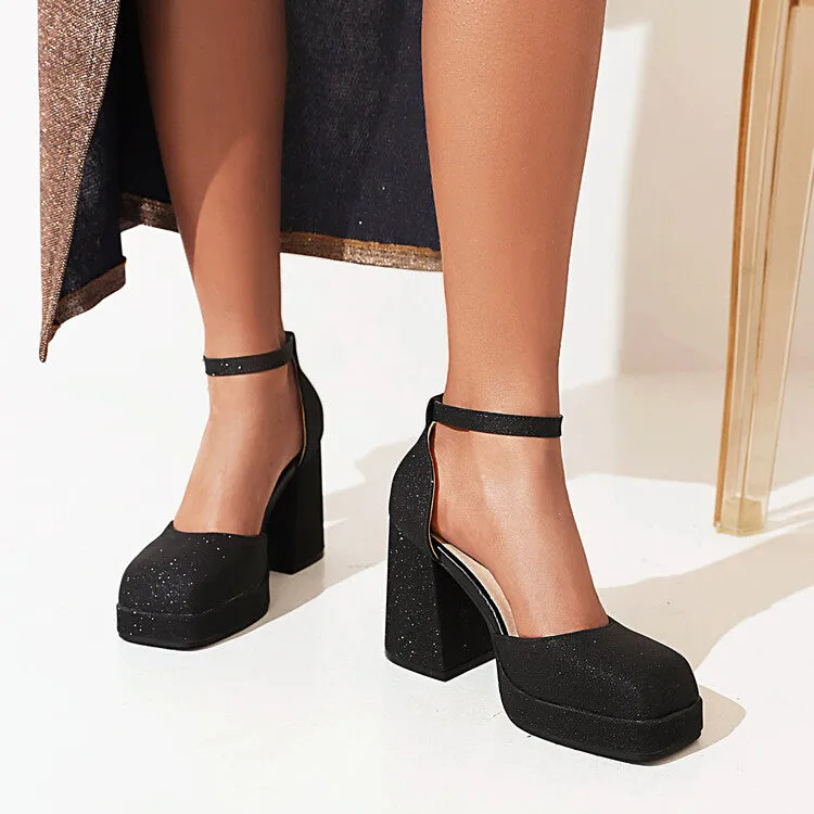 Cool Sandals Women's Sparkling Square Toe Ankle Strap Metal Buckle Block Heel Sandals