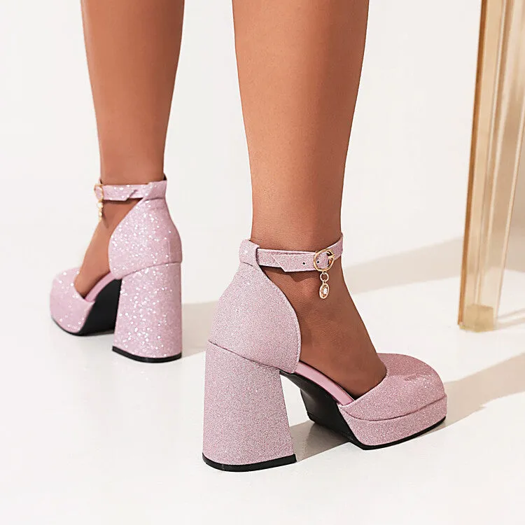 Women's Sparkling Square Toe Ankle Strap Metal Buckle Block Heel Sandals Sandals And Dresses