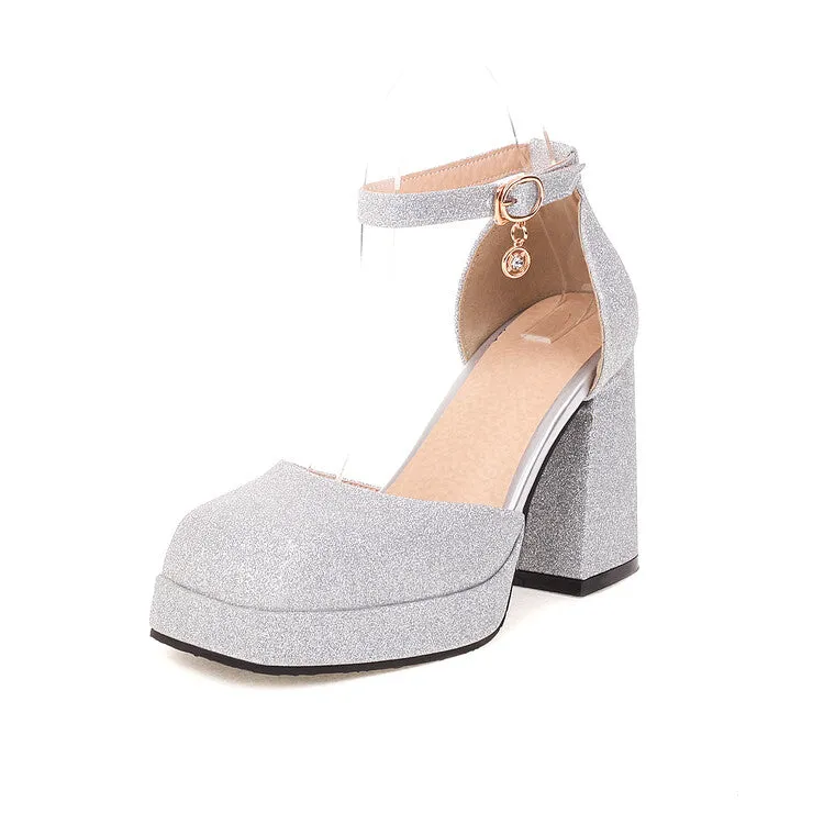 Sandals Ochi Beach Resort Women's Sparkling Square Toe Ankle Strap Metal Buckle Block Heel Sandals