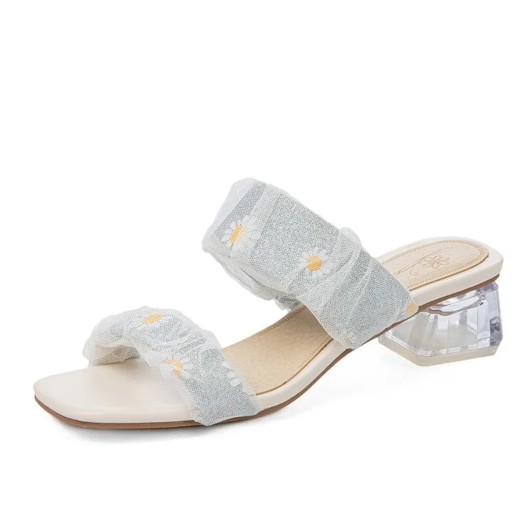 Closed Toe Wedge Sandals Women's Square Toe Lace Crystal Medium Heel Block Heel Slides Sandals