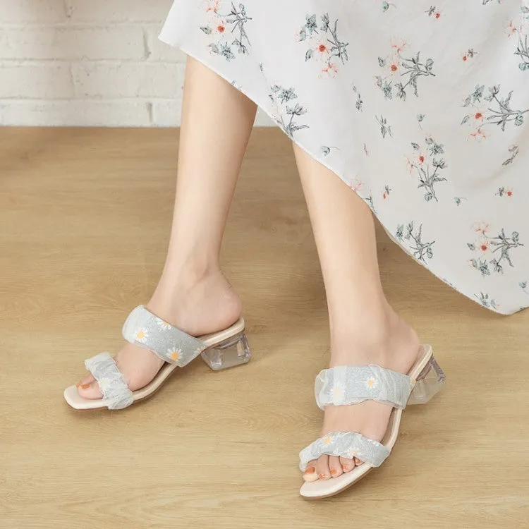Best Shower Sandals Women's Square Toe Lace Crystal Medium Heel Block Heel Slides Sandals