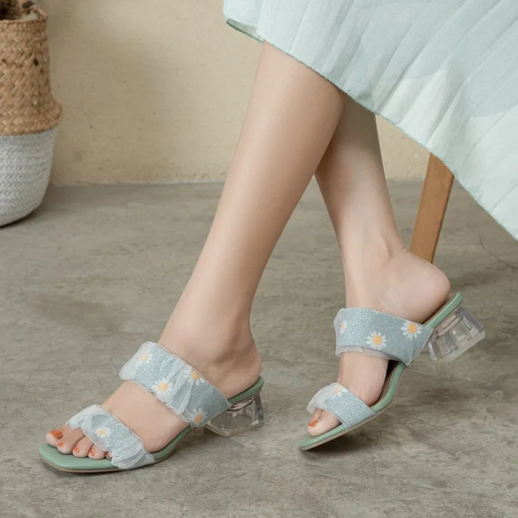 Sandals Dunns River Map Women's Square Toe Lace Crystal Medium Heel Block Heel Slides Sandals