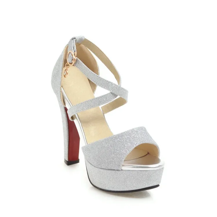 Women's Sparkling Ankle Wrap Platform Chunky Heel Sandals Sandals Clogs